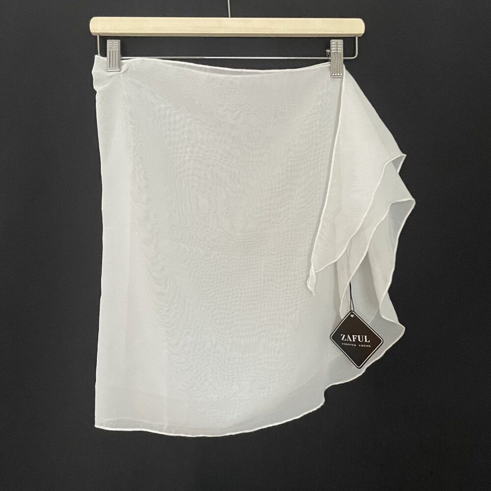 White Zaful Sheer Ruffle Sarong Beach‎ Cover-Up Skirt one size